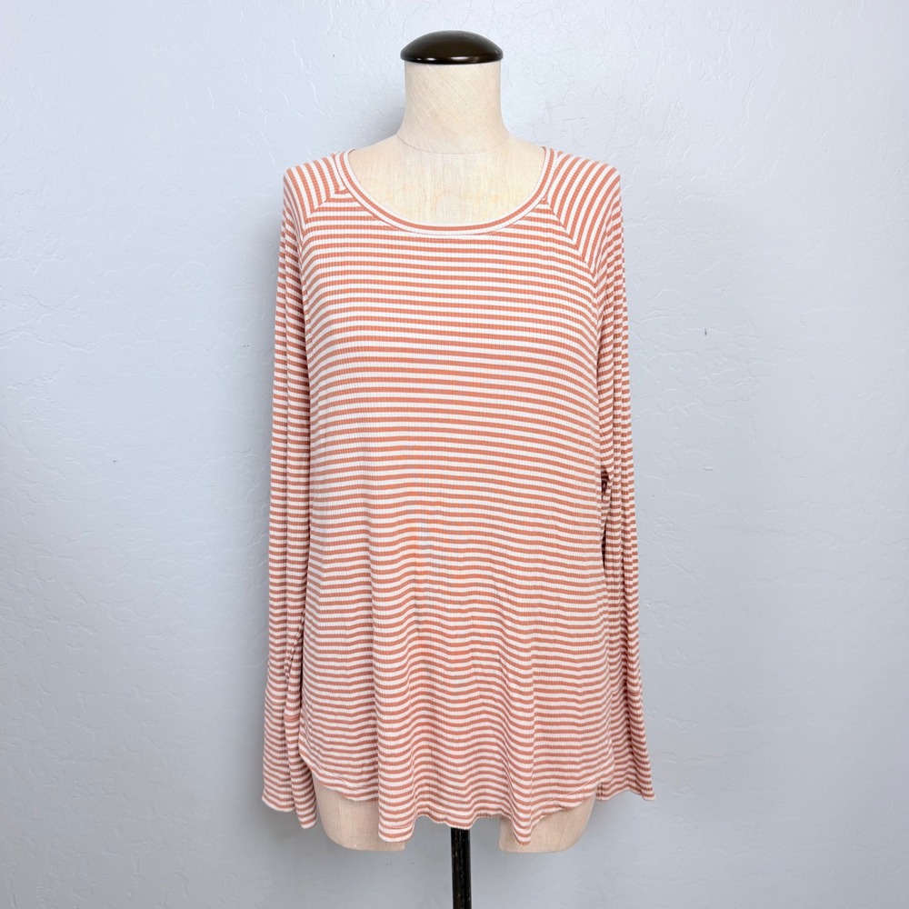 OFFLINE by Aerie Striped Ribbed Long Sleeve Top XL Brown White Modal Thumbholes